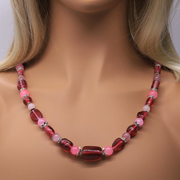 My Bead Emporium Jewelry - Necklace Red Glass Rhinestones Lobster Clasp Cranberry Rose Pink